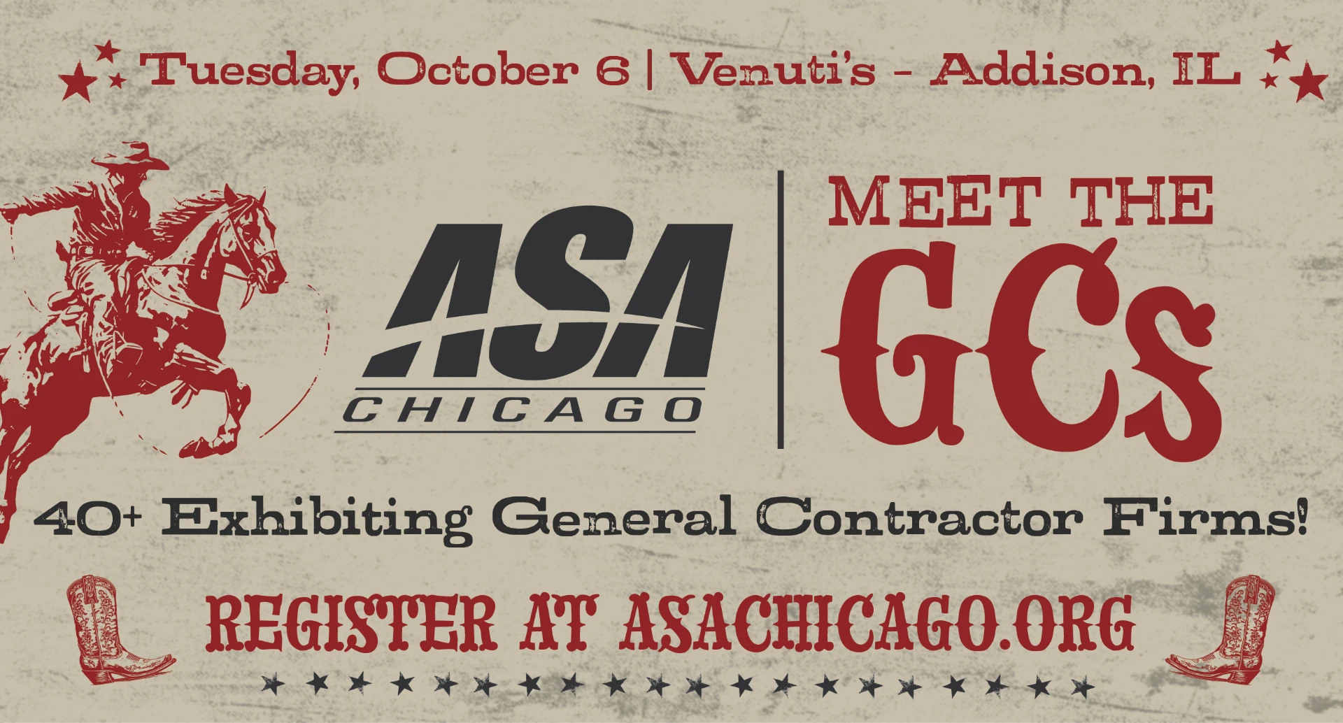 ASA Chicago Meet the GCs — Tuesday, October 6 at Venuti's, Addison IL. 40+ exhibiting general contractor firms. Register at asachicago.org